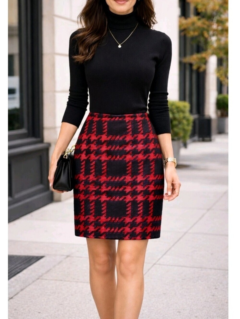 Talbots Womens Wool Blend Pencil skirt red black houndstooth Size 2 Preppy Work